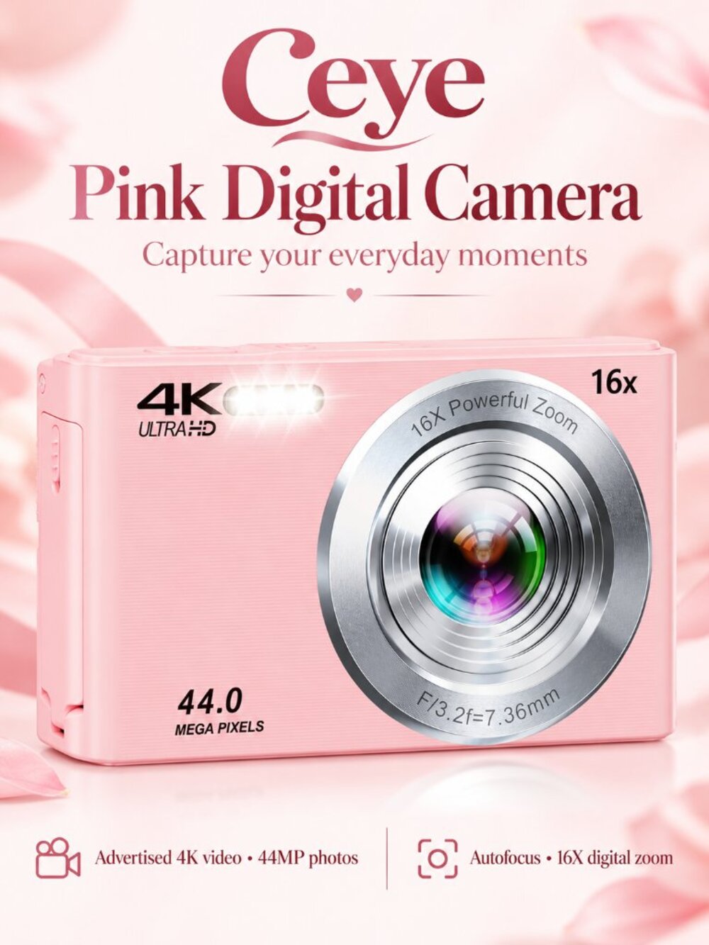 Ceye Pink 4K Digital Camera 44MP Autofocus 16X Zoom 64GB Card 2 Batteries